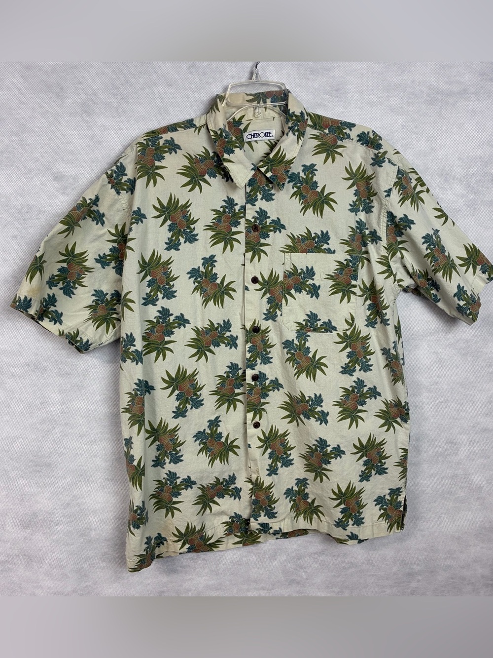 Vintage 80s 90s Cherokee Button Up Shirt Mens L White Short Sleeve Tropical Flaw